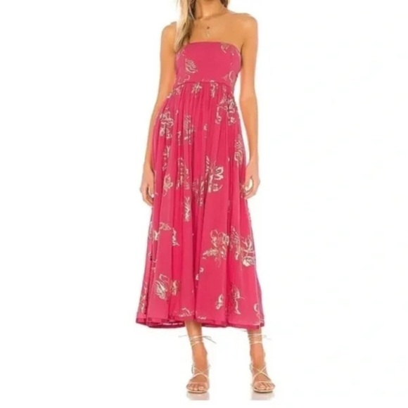 Free People Baja Babe Midi Dress Hot Pink Combo Metallic Gold XL Floral Cotton - Picture 3 of 14